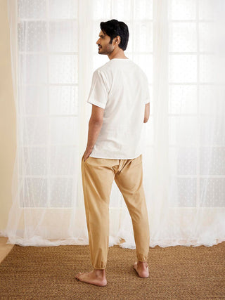 VASTRAMAY Men's White And Beige Cotton Kurta Pyjama Set