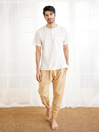 VASTRAMAY Men's White And Beige Cotton Kurta Pyjama Set