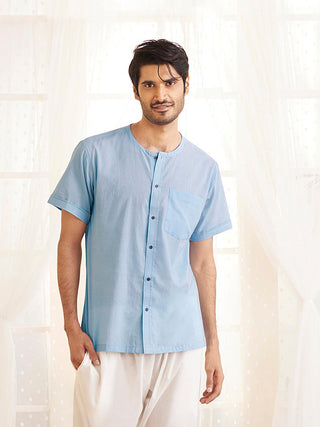 VASTRAMAY Men's Light Blue Cotton Short Kurta