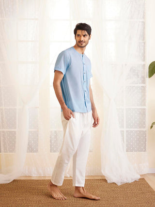 VASTRAMAY Men's Light Blue And White Cotton Kurta Pyjama Set