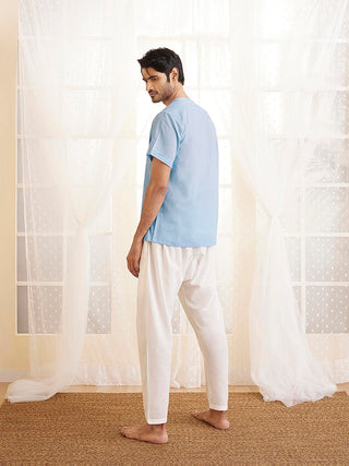 VASTRAMAY Men's Light Blue And White Cotton Kurta Pyjama Set