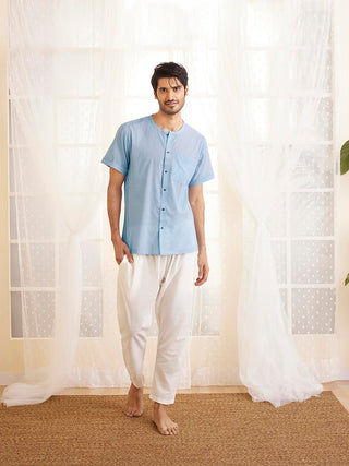 VASTRAMAY Men's Light Blue And White Cotton Kurta Pyjama Set