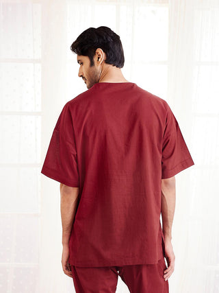 VASTRAMAY Men's Maroon Cotton Short Kurta