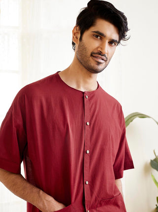 VASTRAMAY Men's Maroon Cotton Short Kurta