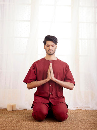 VASTRAMAY Men's Maroon Cotton Kurta Pyjama Set