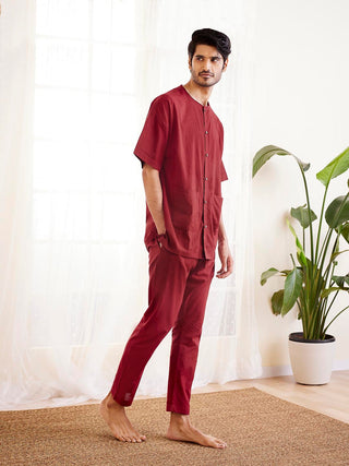 VASTRAMAY Men's Maroon Cotton Kurta Pyjama Set