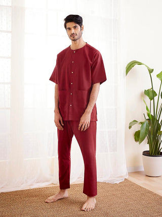 VASTRAMAY Men's Maroon Cotton Kurta Pyjama Set