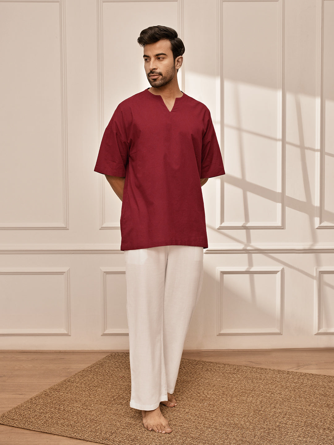 Men's Maroon & White Premium Yoga Kurta Palazzo Set
