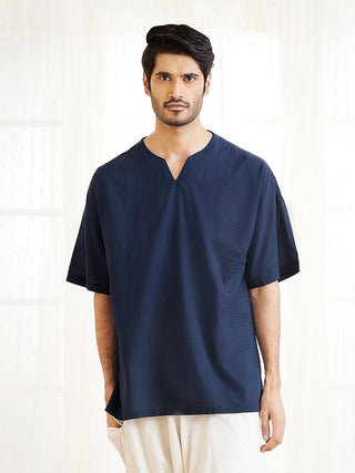 VASTRAMAY Men's Navy Blue Cotton Short Kurta