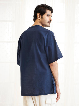 VASTRAMAY Men's Navy Blue Cotton Short Kurta