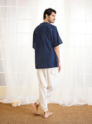 VASTRAMAY Men's Navy Blue And White Cotton Kurta Pyjama Set