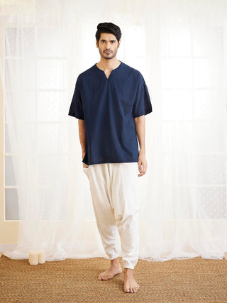 VASTRAMAY Men's Navy Blue And White Cotton Kurta Pyjama Set