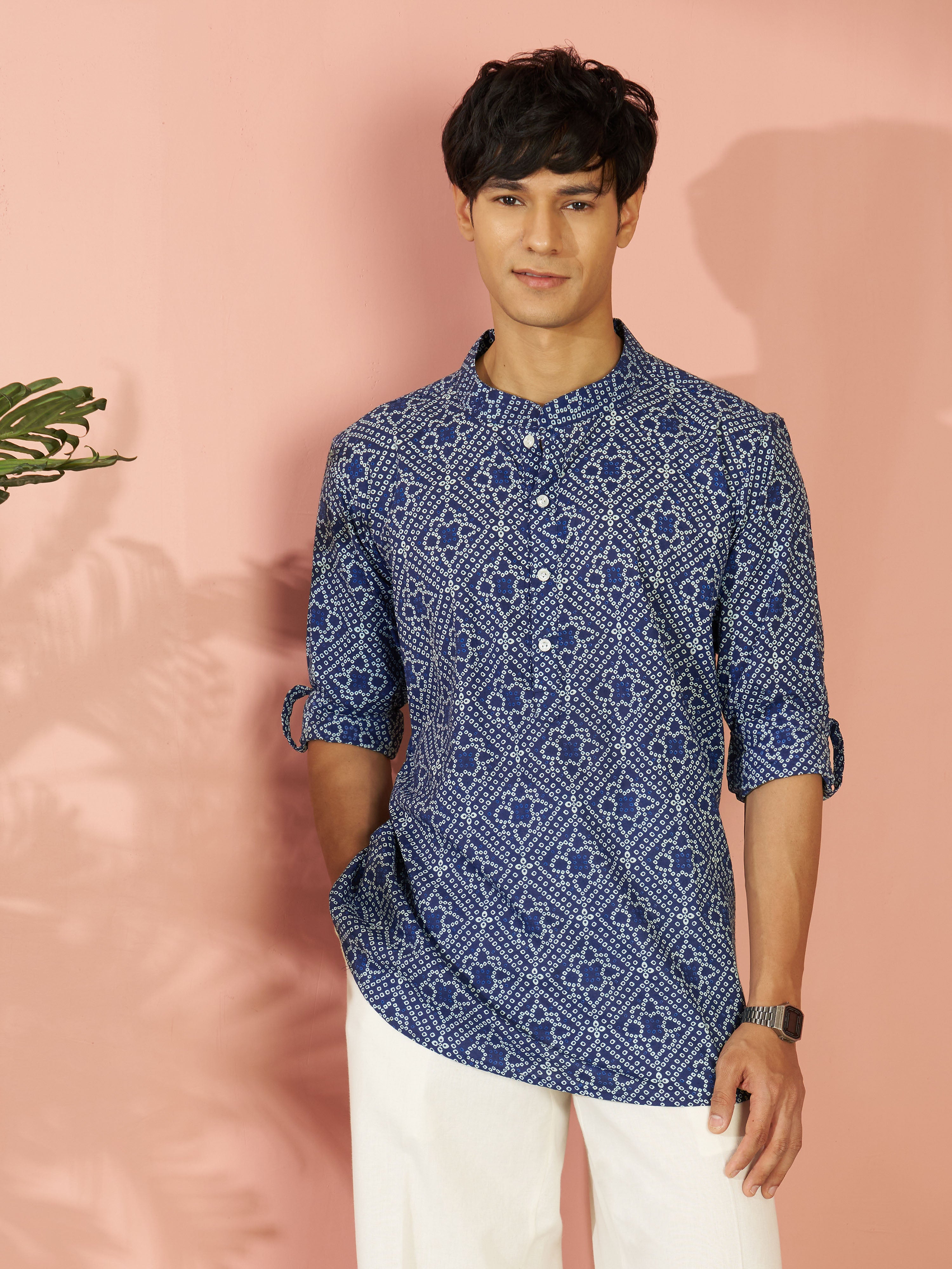 Men Blue Bandhani Print Cotton Short Kurta | Band Collar Summer Casual Ethnic Wear