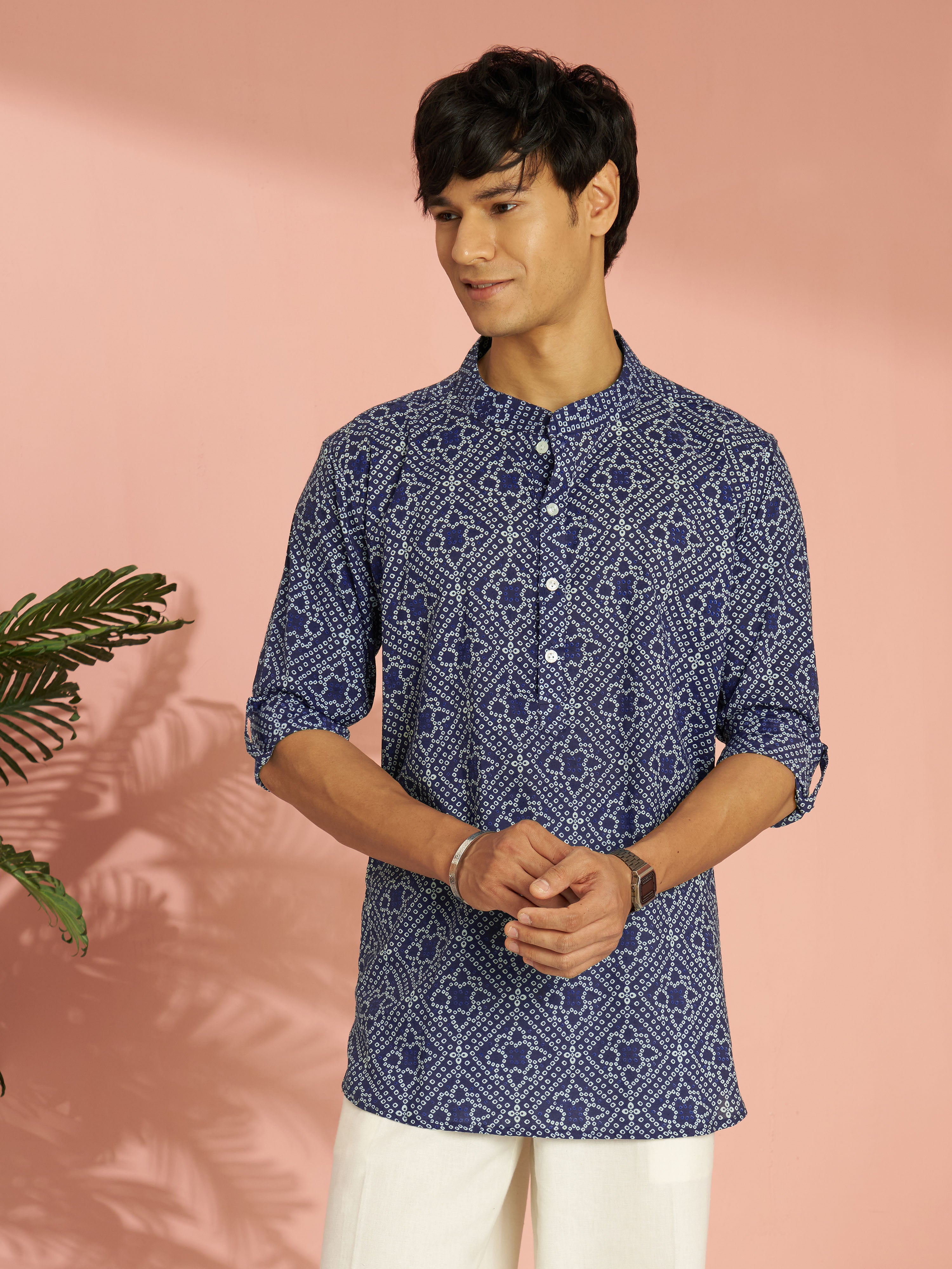 Men Blue Bandhani Print Cotton Short Kurta | Band Collar Summer Casual Ethnic Wear