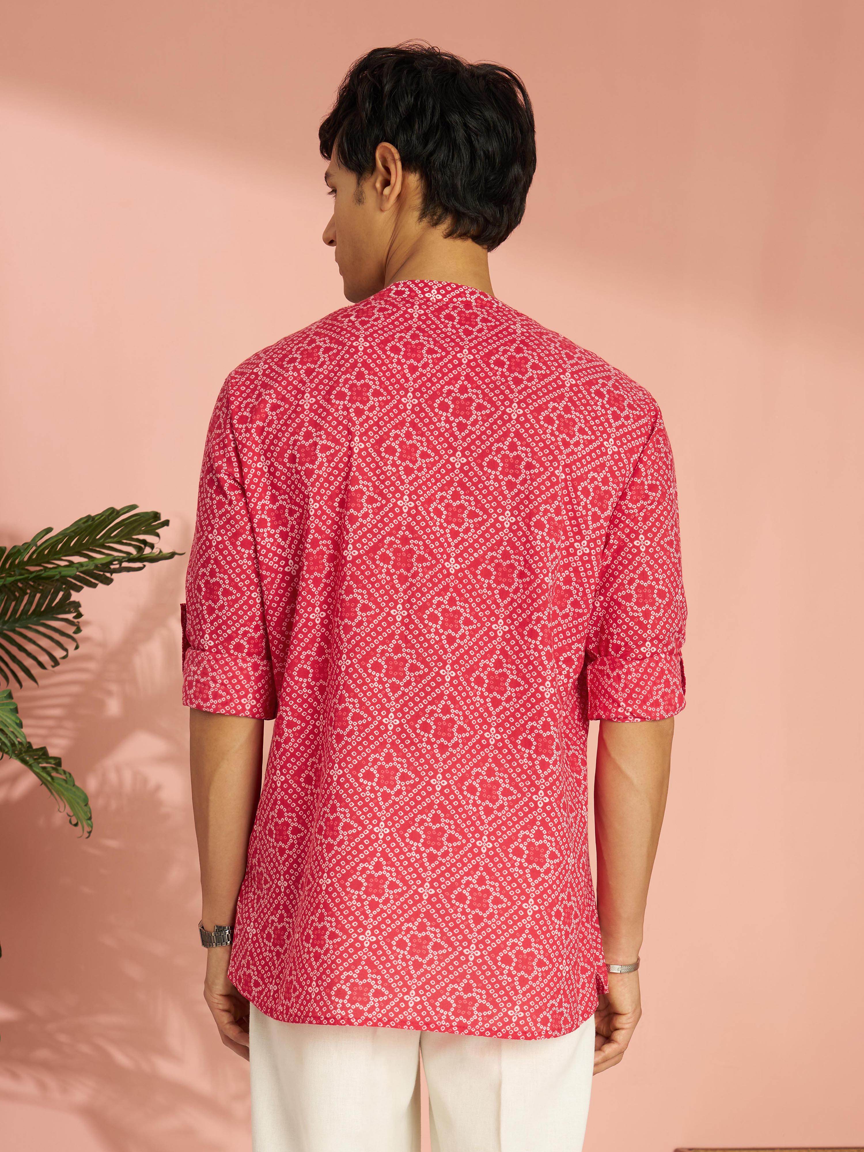 Men's Red Bandhani Flower Print Cotton Cambric Short Kurta