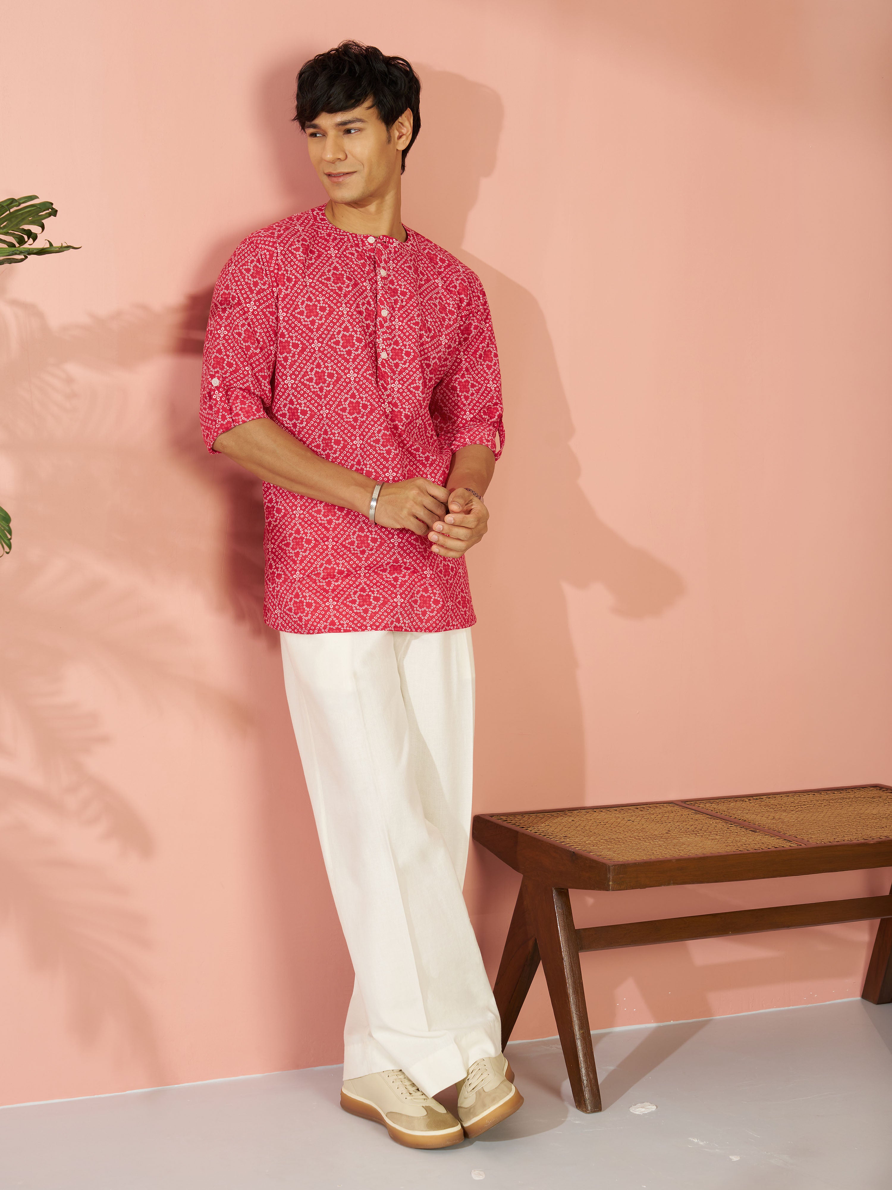 Men's Red Bandhani Flower Print Cotton Cambric Short Kurta