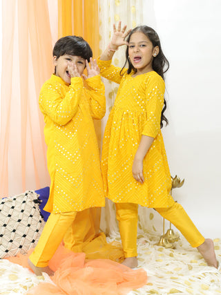 VASTRAMAY Yellow Mirror Kurta Pyjama Siblings Set