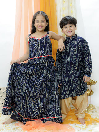 VASTRAMAY Blue Bandhni Print Rayon Siblings Set