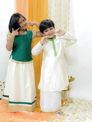 VASTRAMAY Green And Cream South Collection Sibling Set