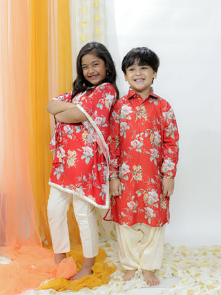 VASTRAMAY Red Cotton Blend Floral Print Kurta Pyjama Sibling Set