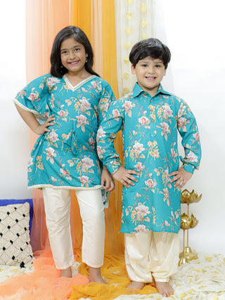 VASTRAMAY Turquoise Blue Cotton Blend Floral Print Kurta Pyjama Sibling Set