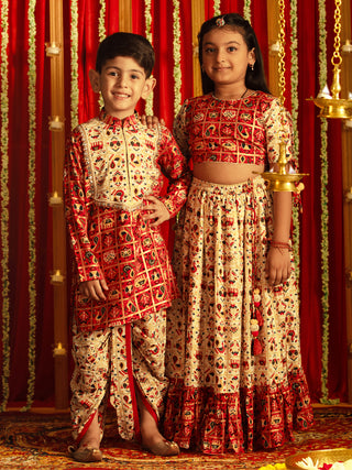 VASTRAMAY Red And Cream Patola Siblings Matching Set