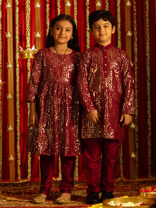 VASTRAMAY Maroon Sequined Festive Siblings Matching Set
