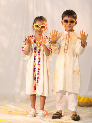 VASTRAMAY Cream Holi Special Siblings Matching Set