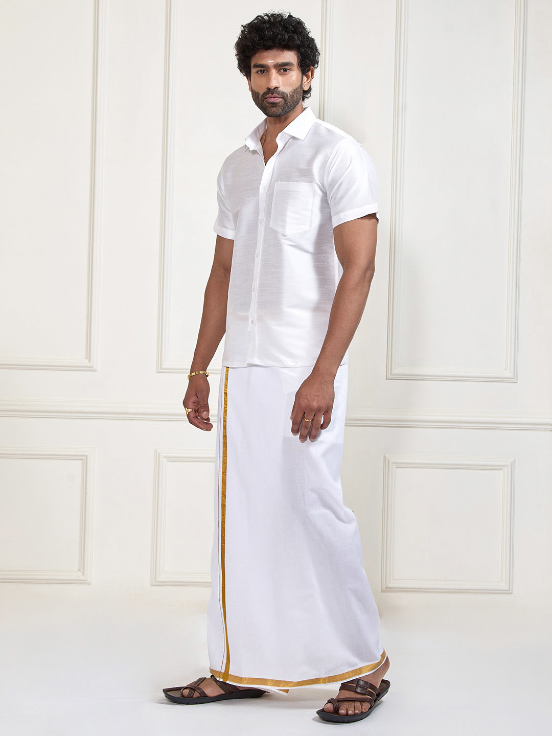 Men's White Silk Blend Shirt And Mundu Set