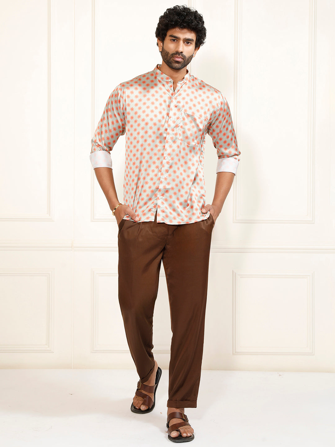 Men's Multicolored-Base-Mint Satin Ethnic Shirt