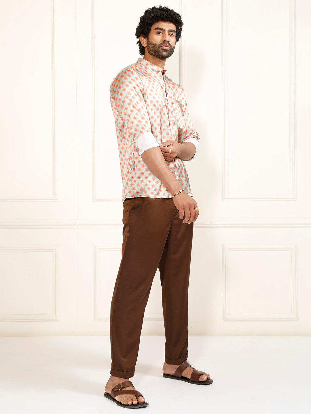 Men's Multicolored-Base-Mint Satin Ethnic Shirt