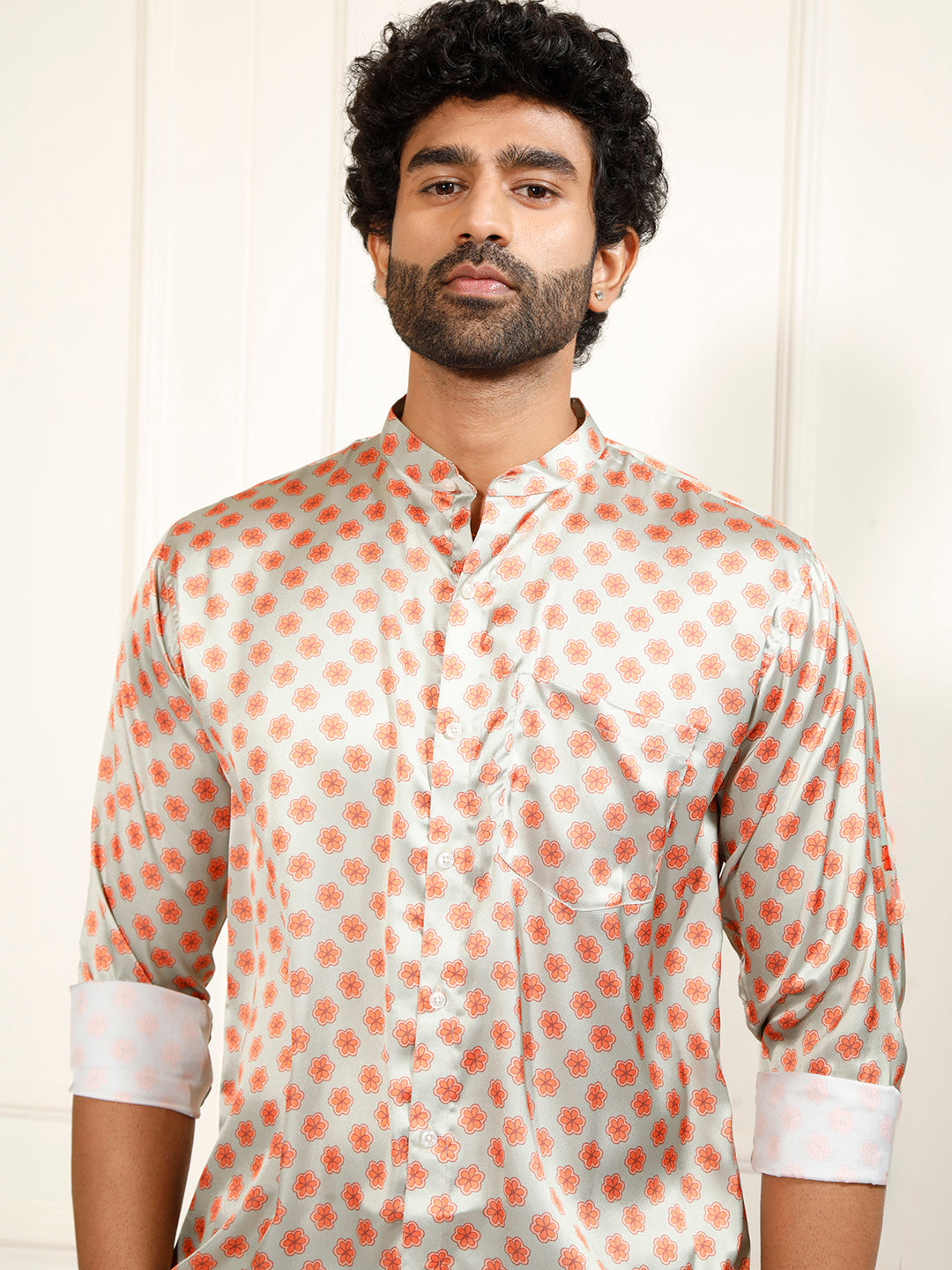 Men's Multicolored-Base-Mint Satin Ethnic Shirt