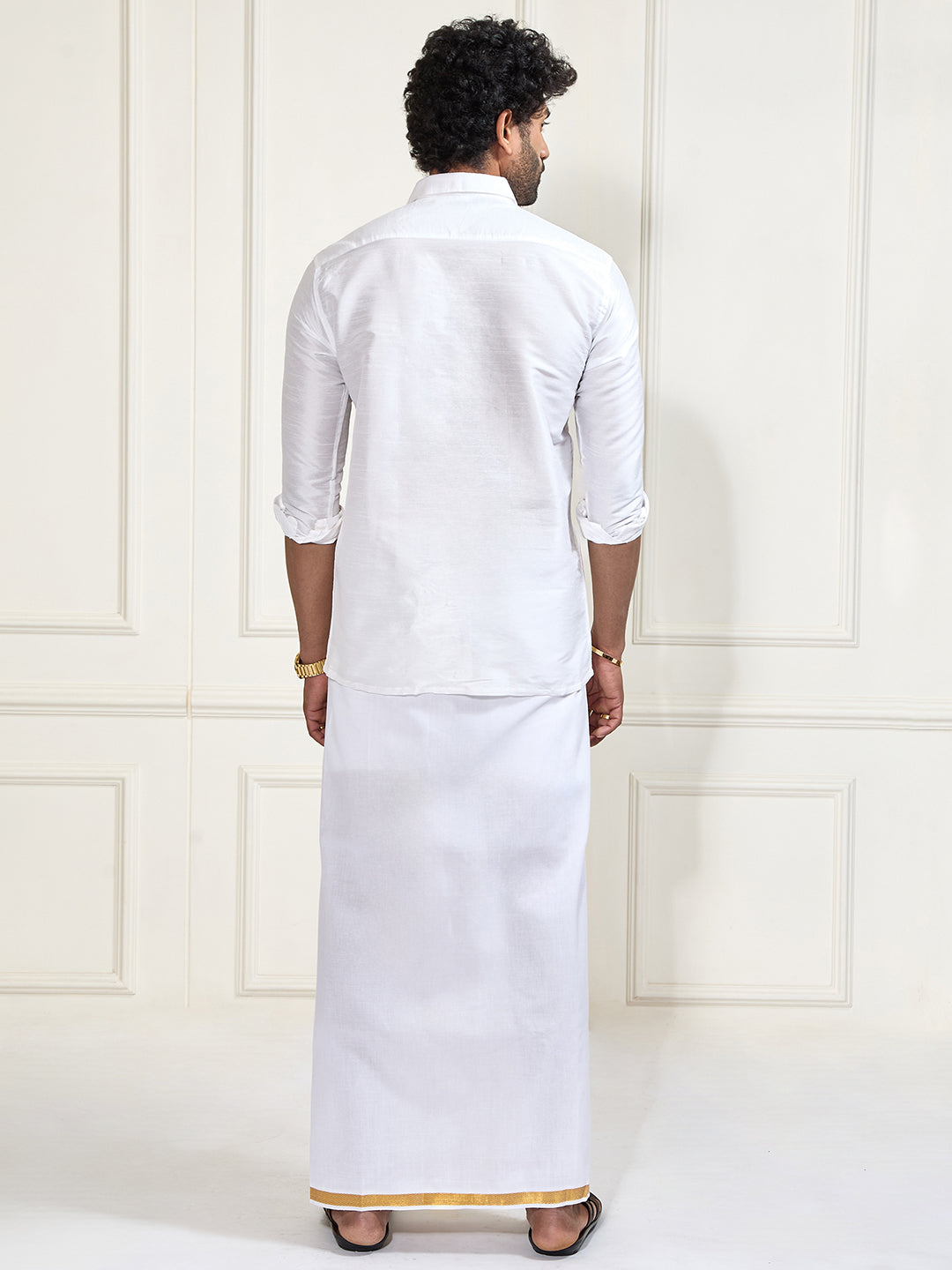 Men's White Silk Blend Shirt And Mundu Set