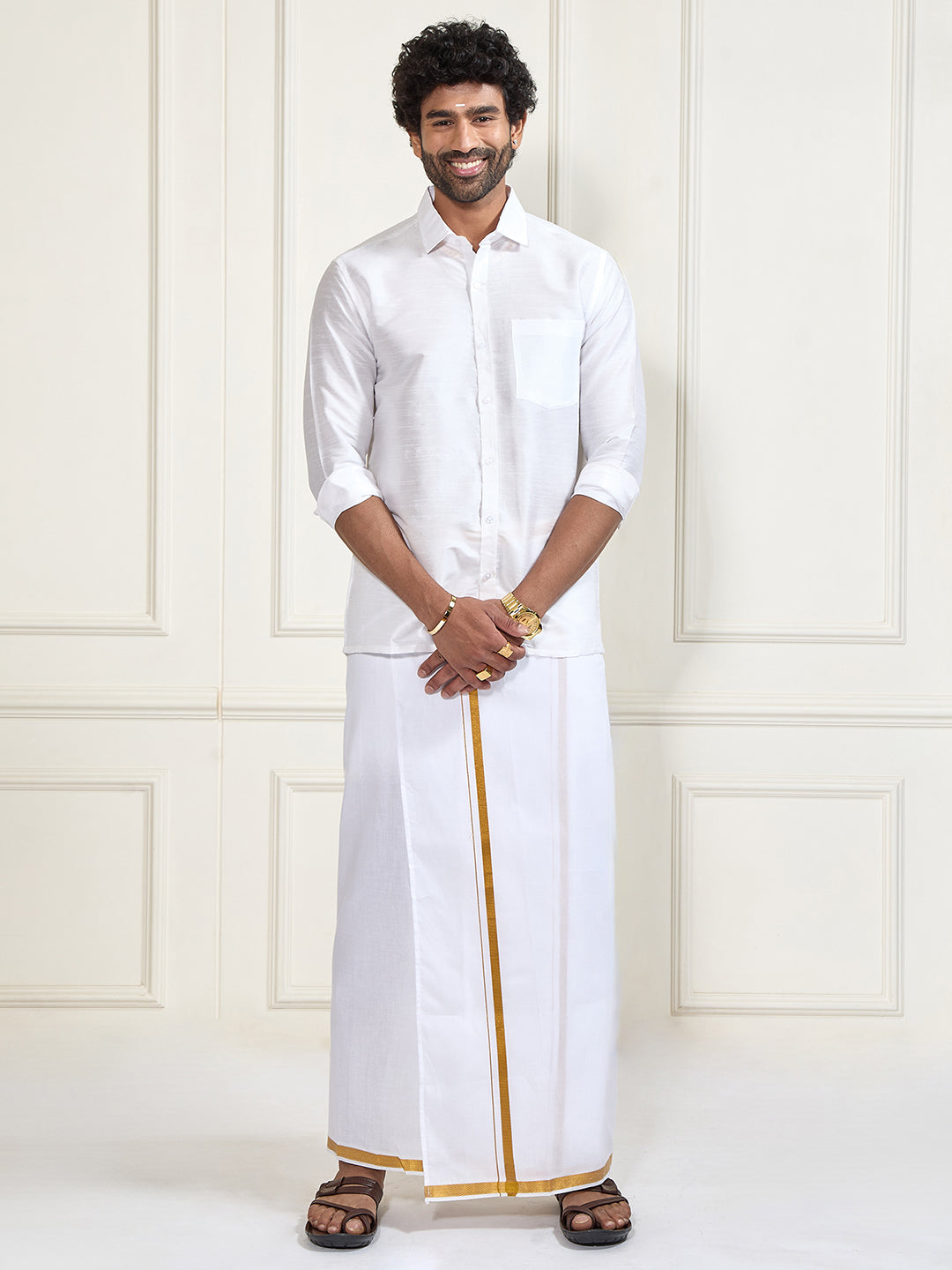 Men's White Silk Blend Shirt And Mundu Set