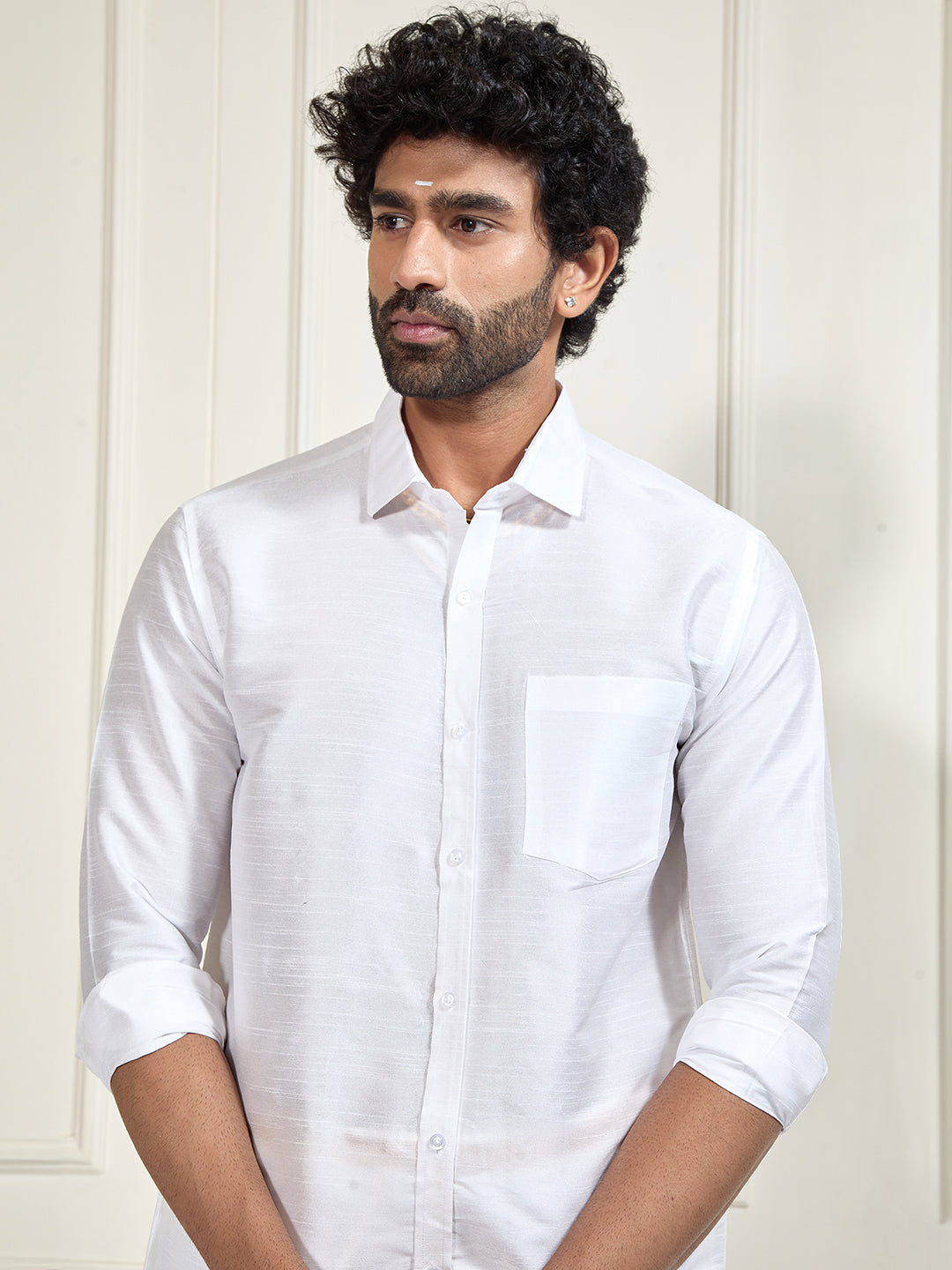 Men's White Silk Blend Shirt And Mundu Set