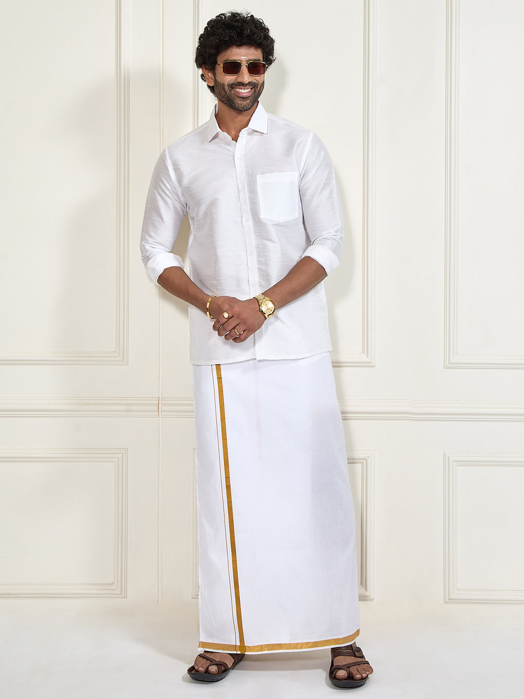 Men's White Silk Blend Shirt And Mundu Set
