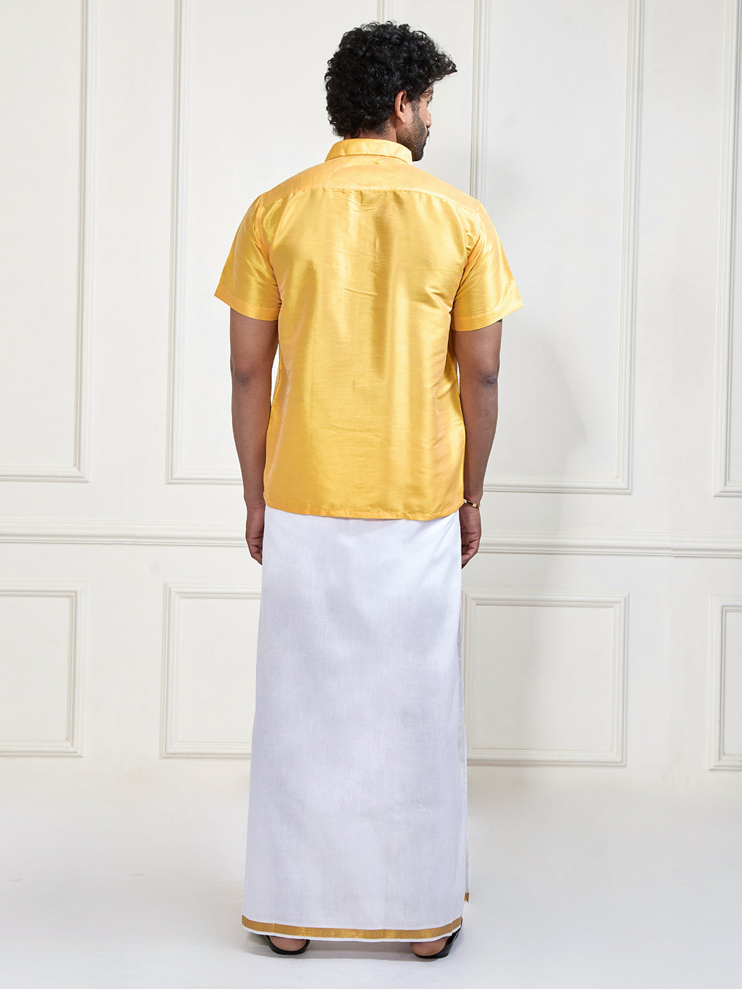 Men's Yellow And White Silk Blend Shirt And Mundu Set