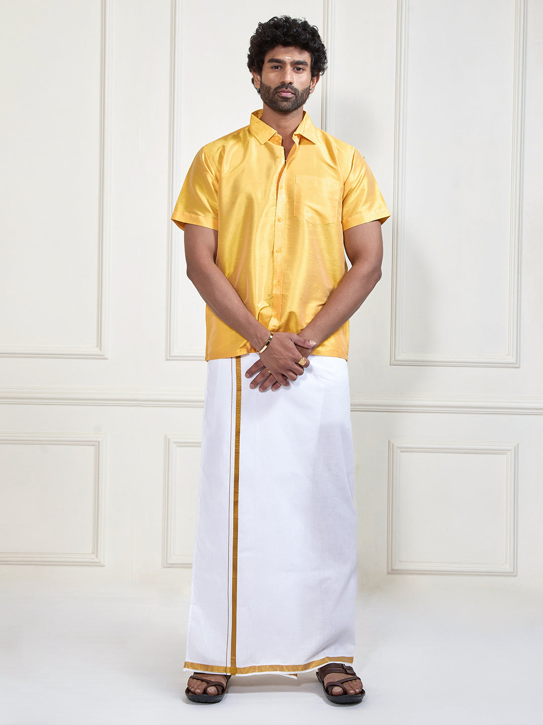 Men's Yellow And White Silk Blend Shirt And Mundu Set