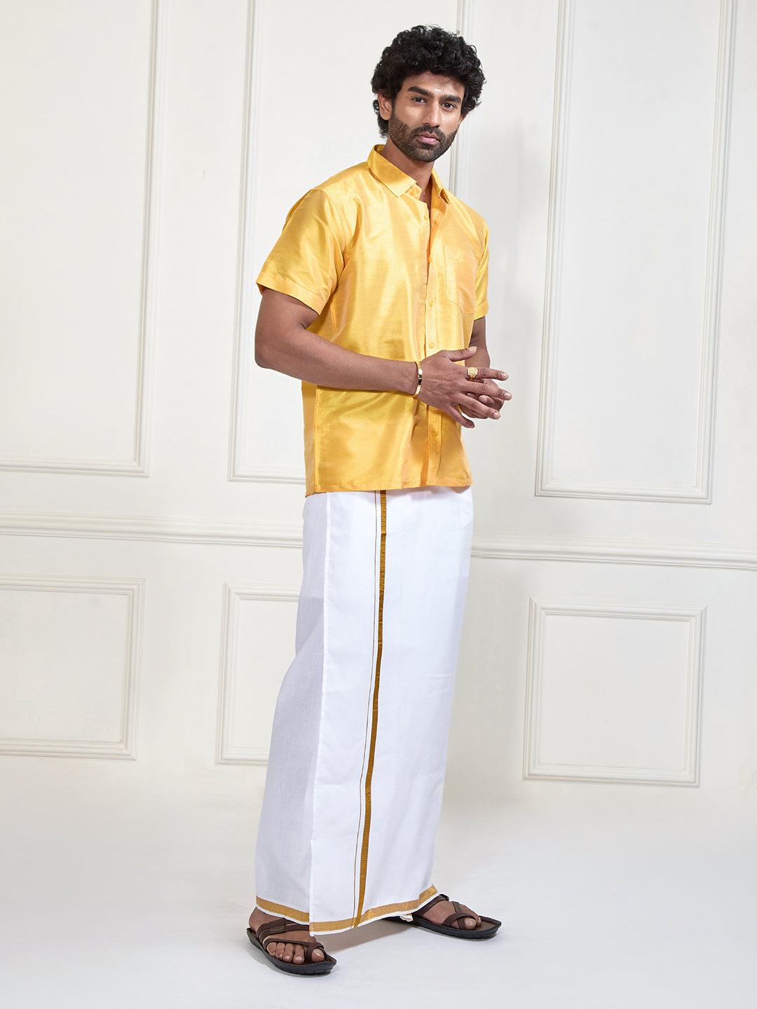 Men's Yellow And White Silk Blend Shirt And Mundu Set