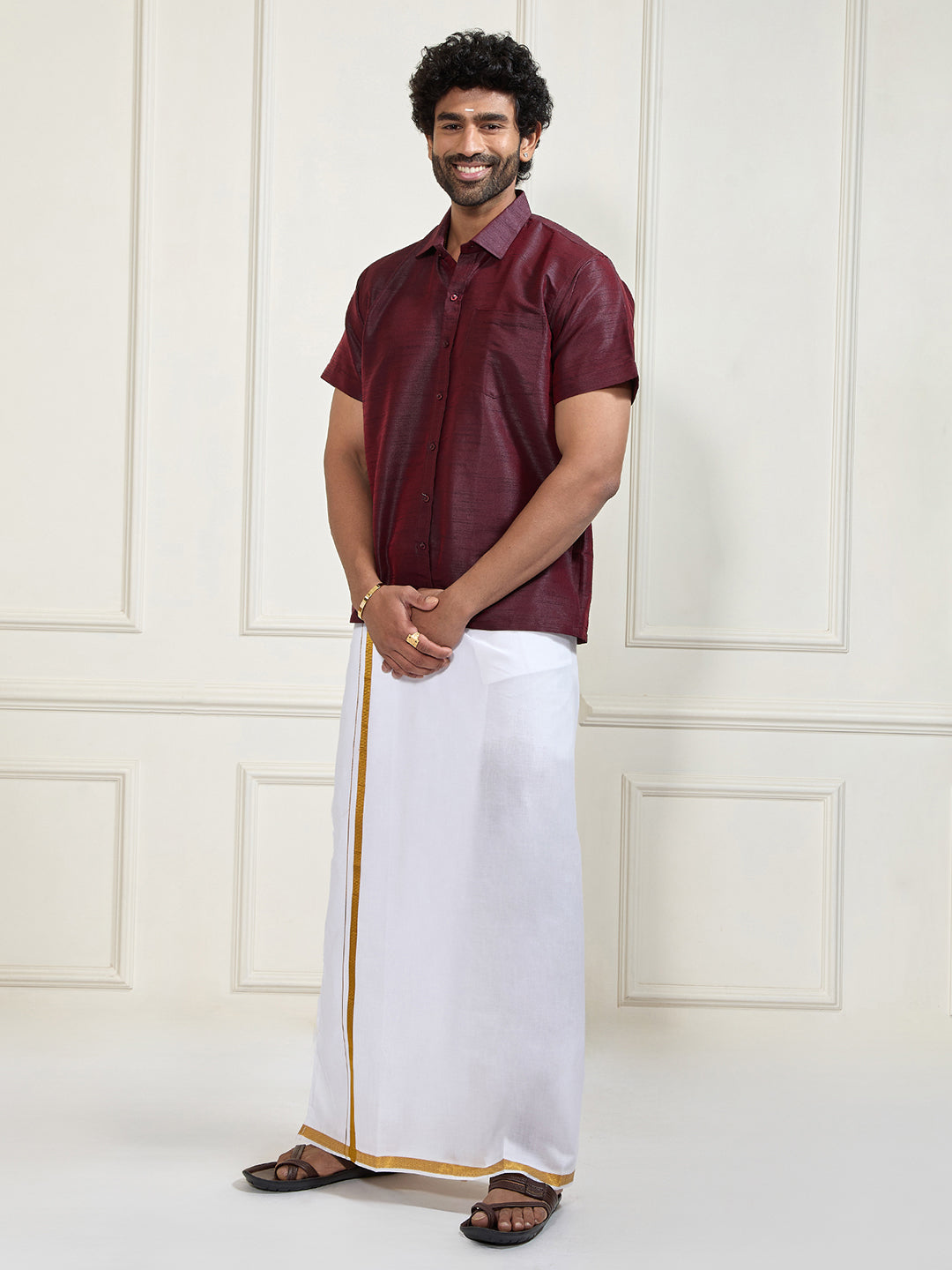 Men's Wine And White Silk Blend Shirt And Mundu Set