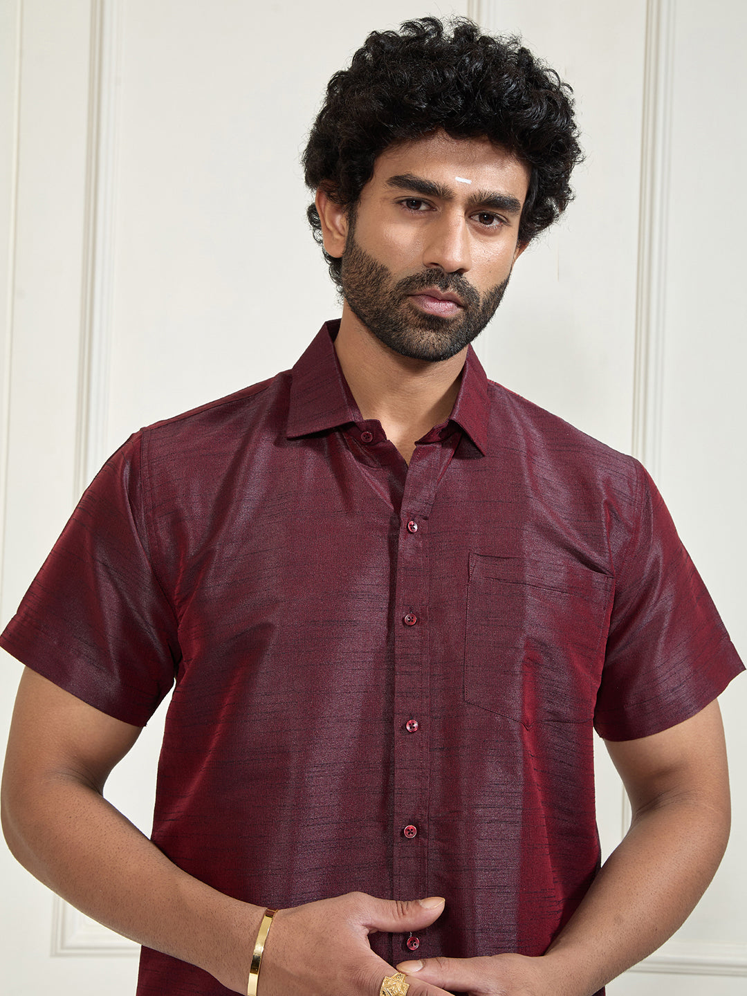 Men's Wine And White Silk Blend Shirt And Mundu Set