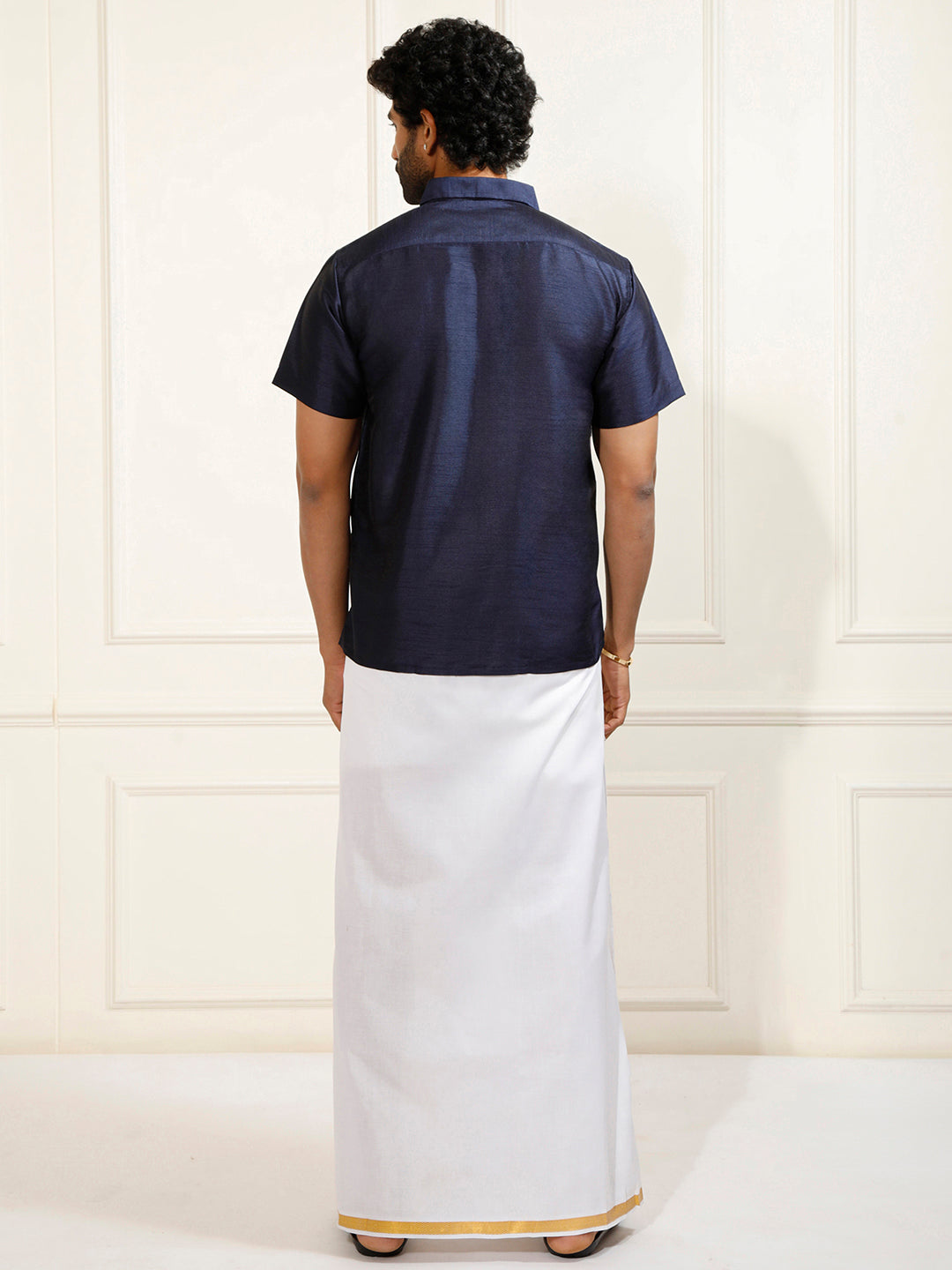 Men's Navy Blue Silk Blend Shirt And Mundu