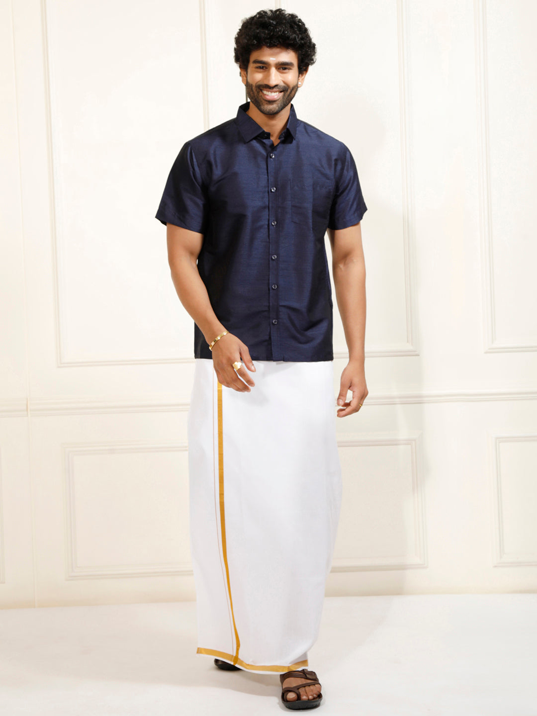 Men's Navy Blue Silk Blend Shirt And Mundu