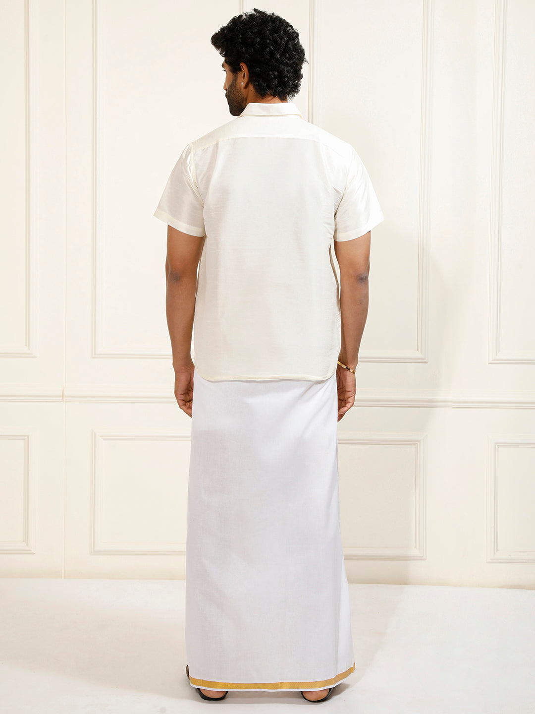 Men's Cream And White Silk Blend Shirt And Mundu Set