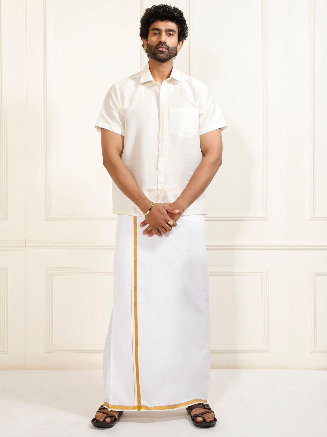 Men's Cream And White Silk Blend Shirt And Mundu Set