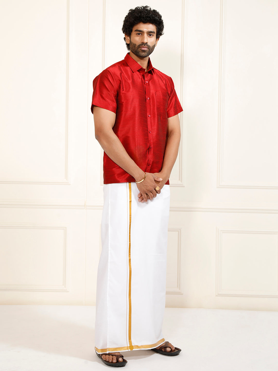 Men's Maroon Silk Blend Shirt And Mundu