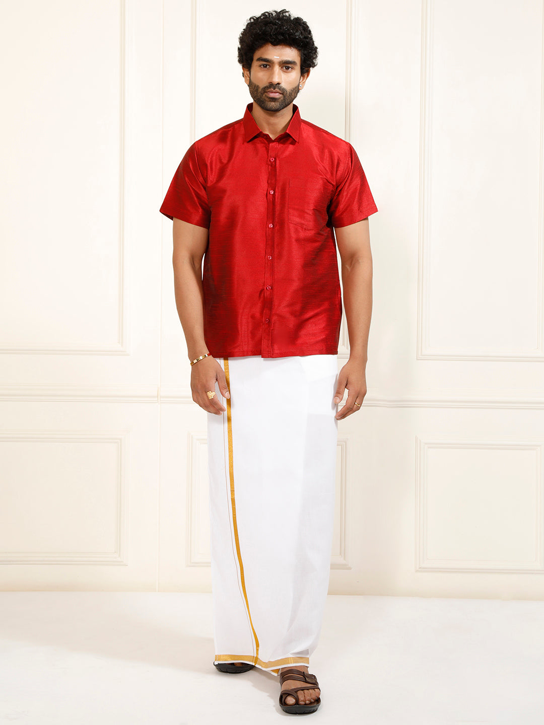 Men's Maroon Silk Blend Shirt And Mundu