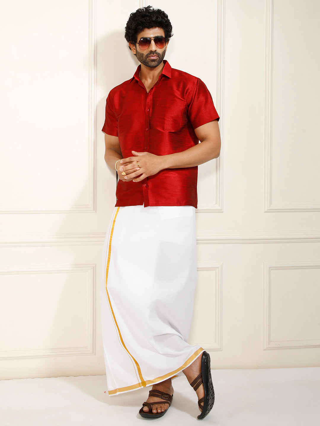 Men's Maroon Silk Blend Shirt And Mundu