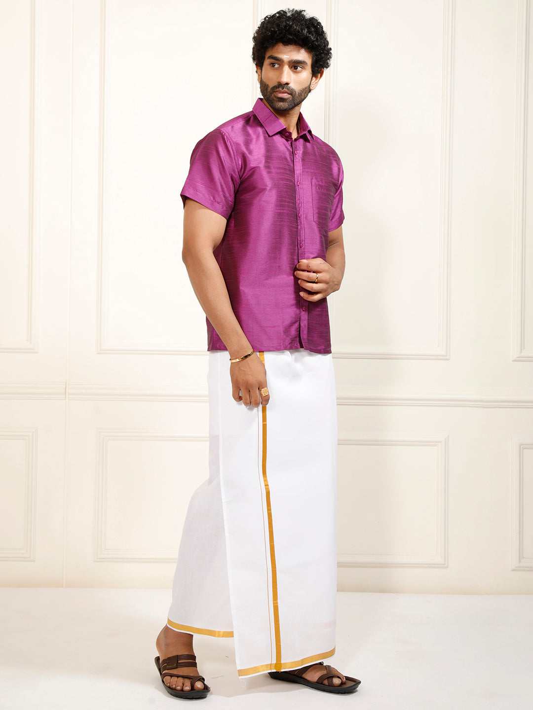 Men's Purple Silk Blend Shirt And Mundu