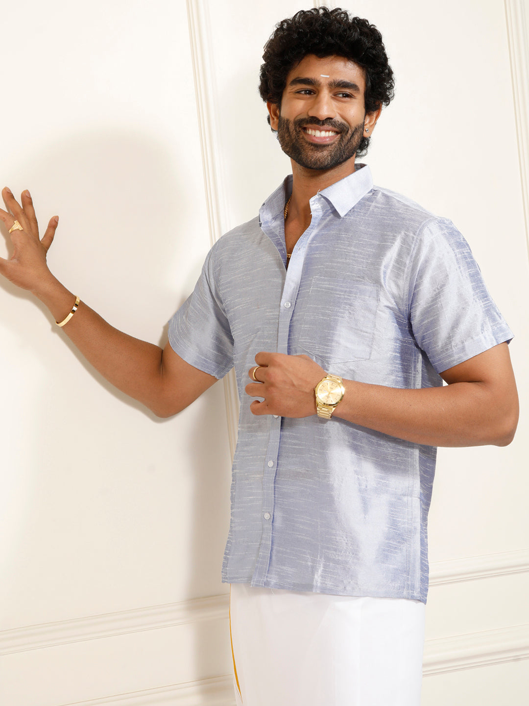 Men's Bluish White Silk Blend Shirt And Mundu
